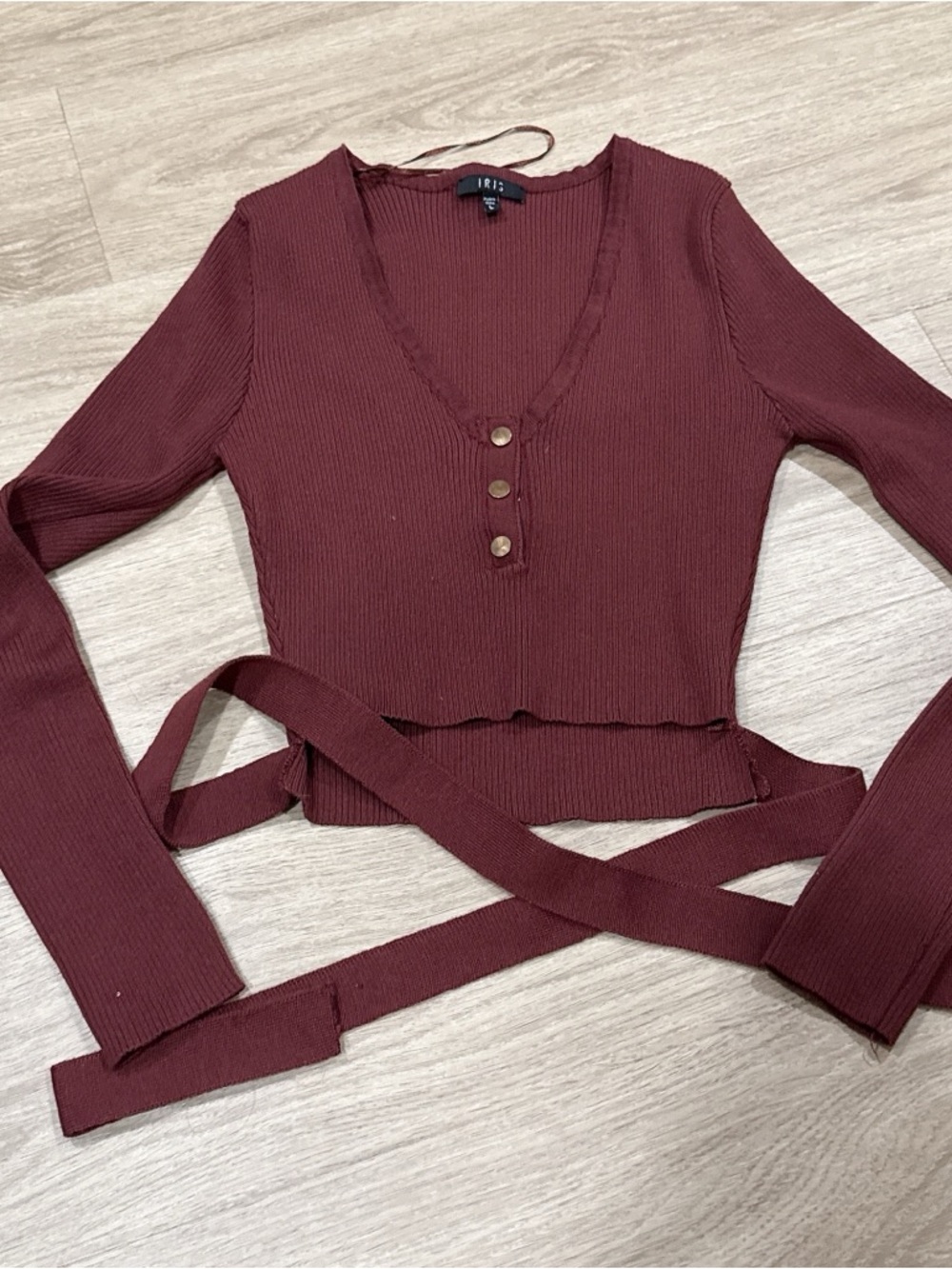 iris Maroon Ribbed Wrap Crop Top - Picture 2 of 3